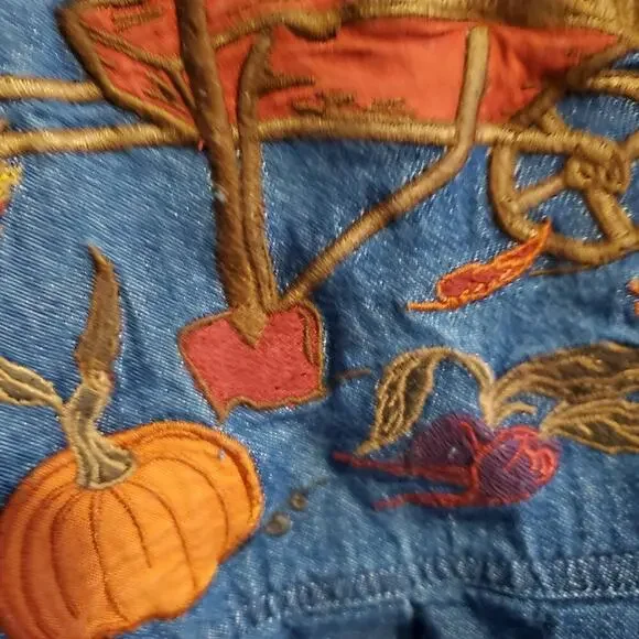 Vintage 90s Cottagecore Sunflower Fall Autumnal Denim A Line Maxi Dress - Picture 8 of 15